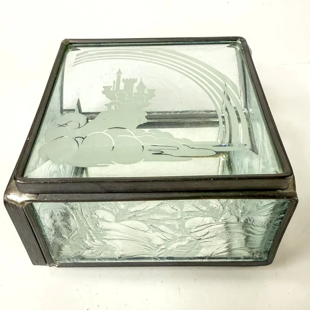 Vintage Disney Etched Castle Rainbow Metal Glass Display Mirror Square Box